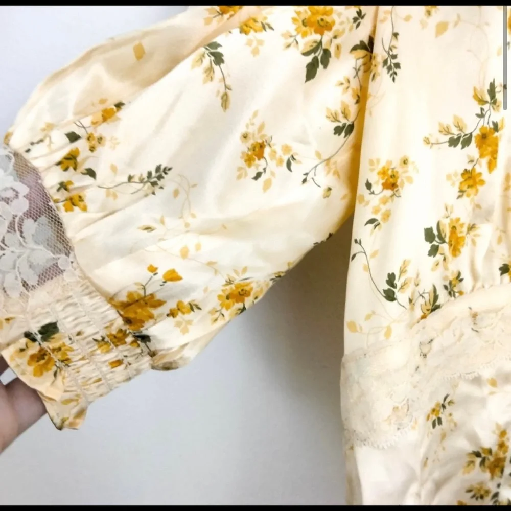 Reformation Yellow Floral Lace-Trim Puff Sleeve Top